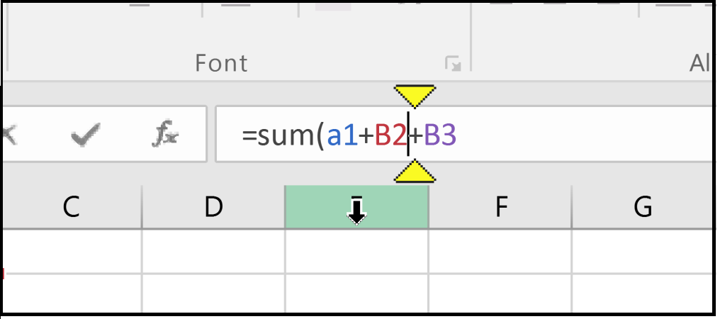 Cursor editing a forumla in an excel spreadsheet.  Above and below the cursor are 2 yellow triangles highlighting where the cursor is situated.  